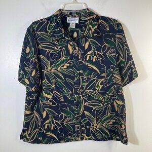Womens Vintage Pendleton Short Sleeve Button‎ Shirt Leave Pattern 14 Blue Green